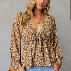 Floral Tie Front Deep V Babydoll Blouse